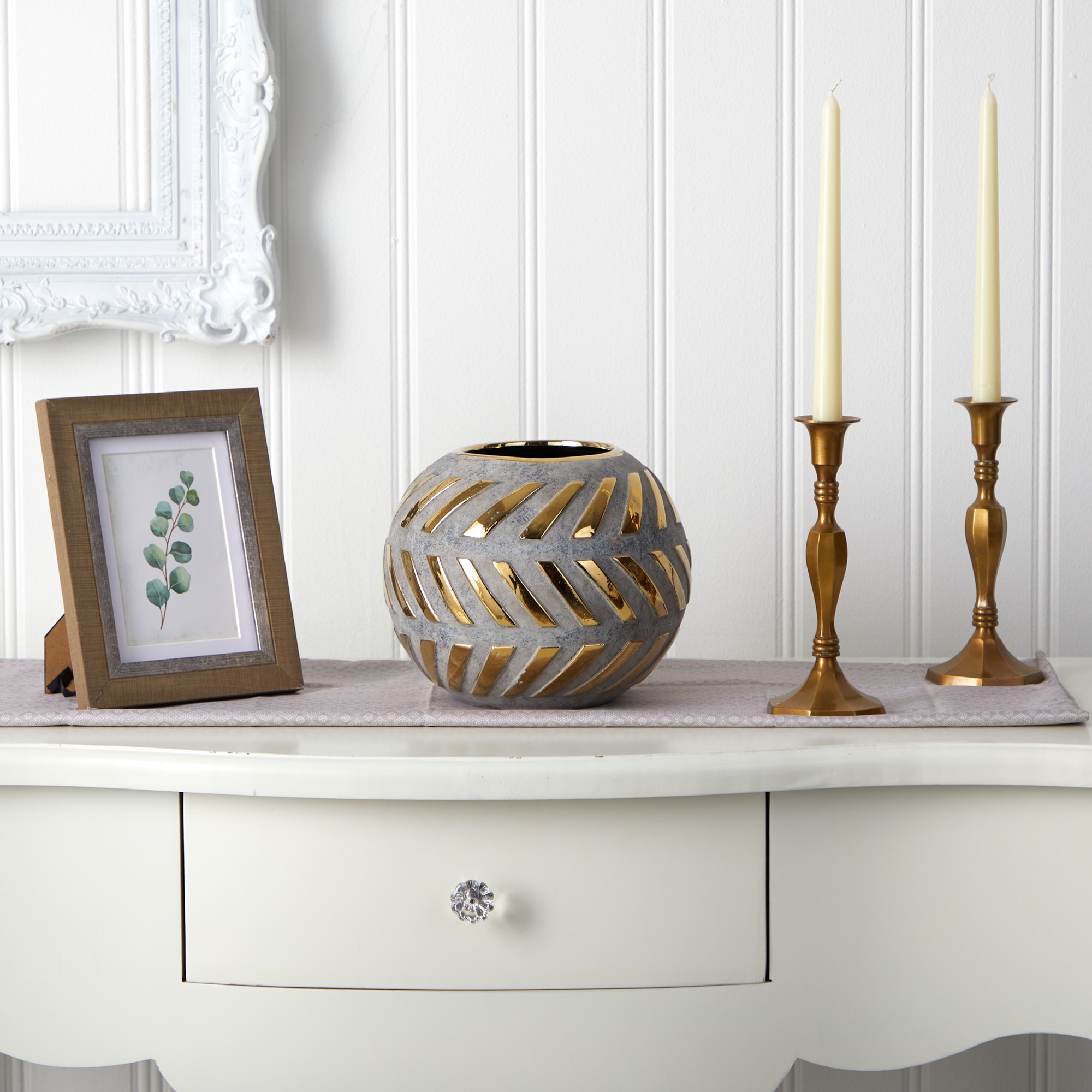 8 Inch Regal Round Stoneware Vase Gold Accents Mid Century Modern Tabletop Decor - Image 3