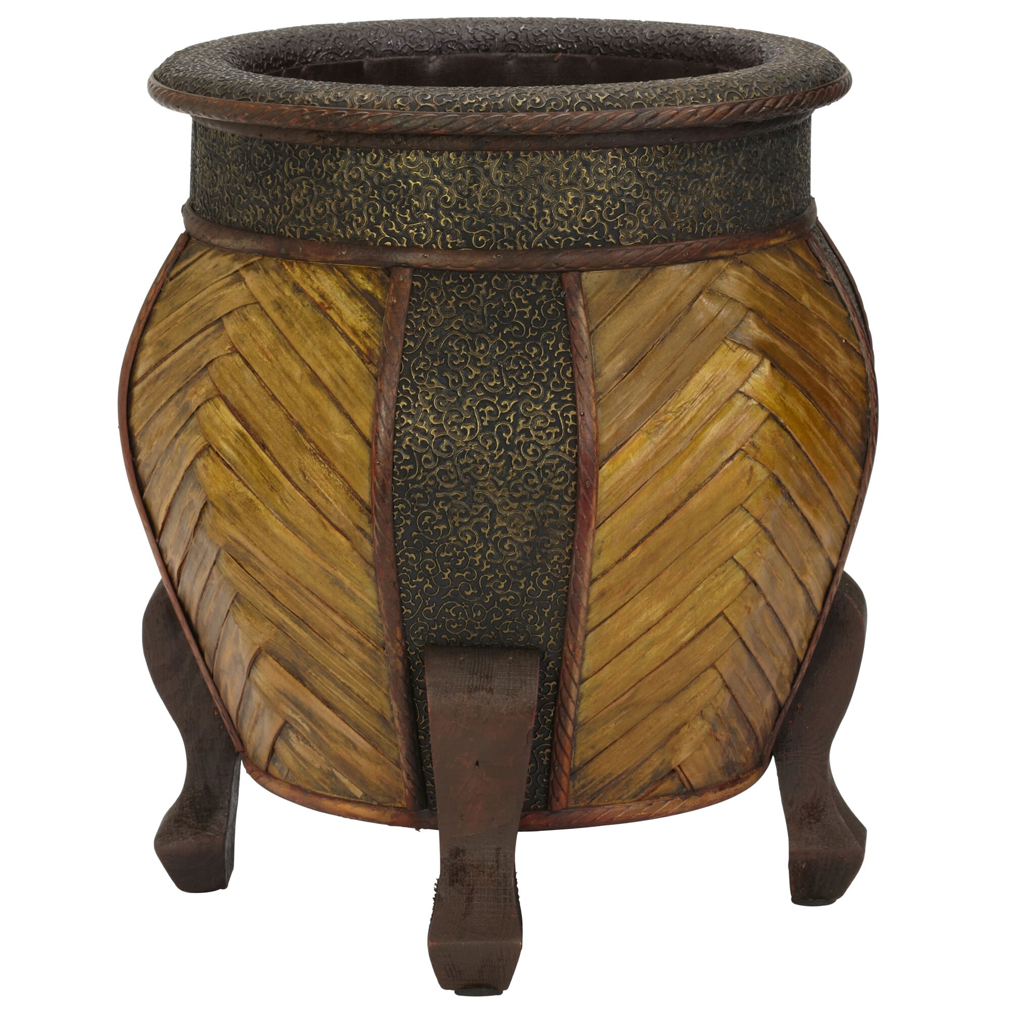Decorative Rounded Wood Planters Set of 2 15 Inch and 10.75 Inch with Thatch - Image 3