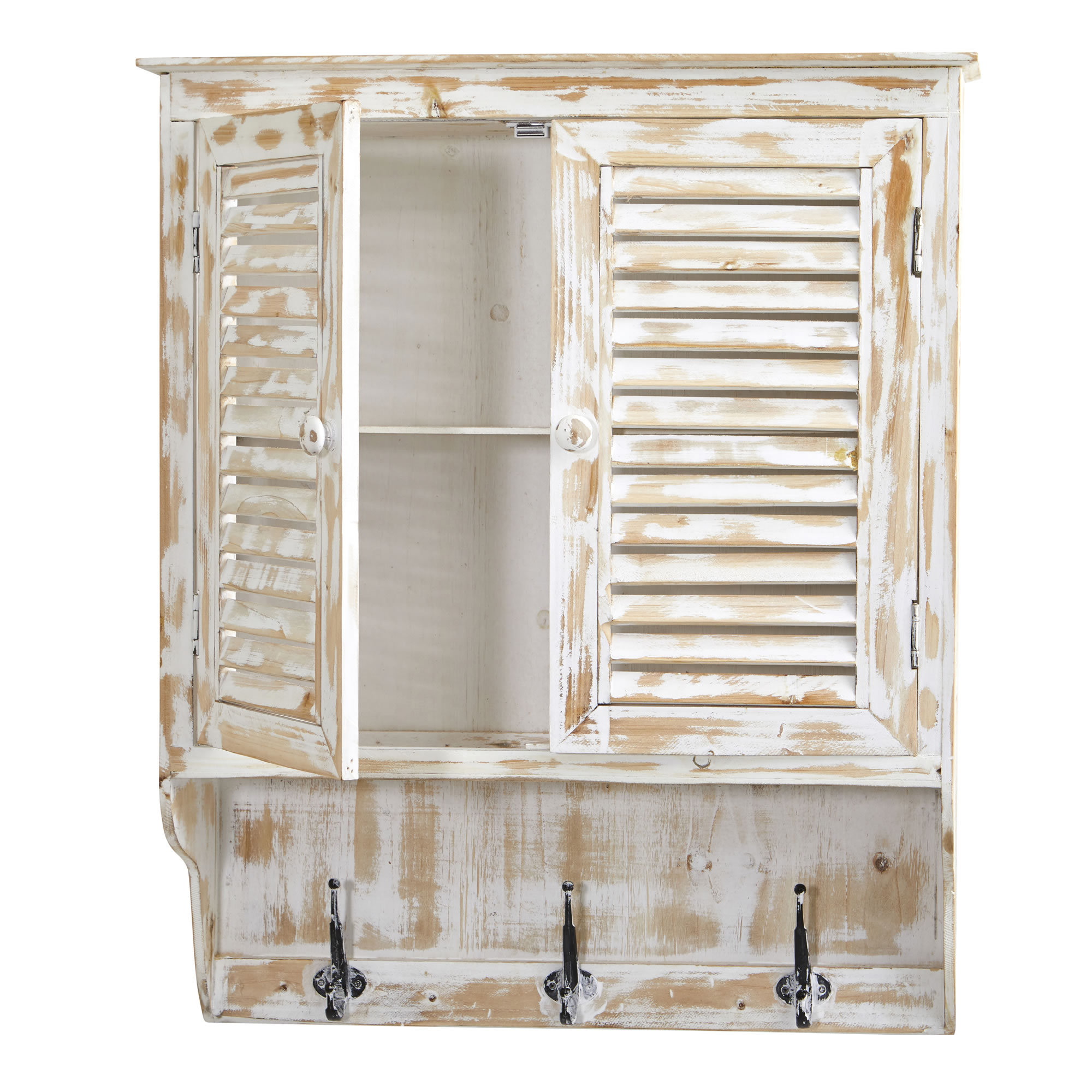 32 Inch White Washed Wall Cabinet with Hooks Rustic Bathroom Storage - Image 4