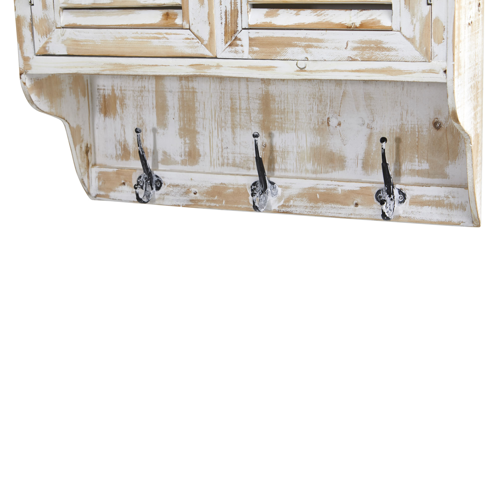 32 Inch White Washed Wall Cabinet with Hooks Rustic Bathroom Storage - Image 5