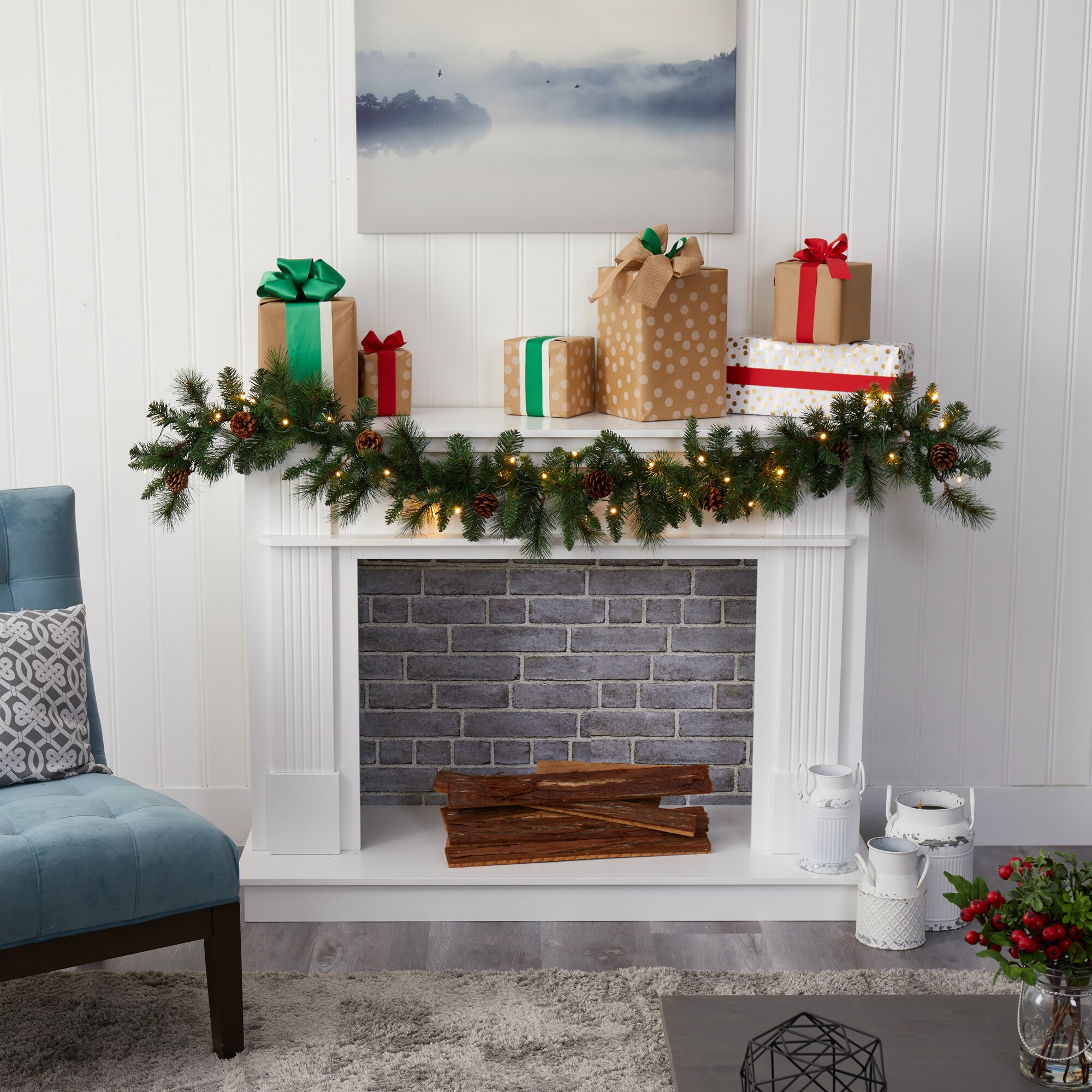 6 Foot Mixed Pine Pinecone Garland with 35 Clear LED Battery Operated Lights - Image 4