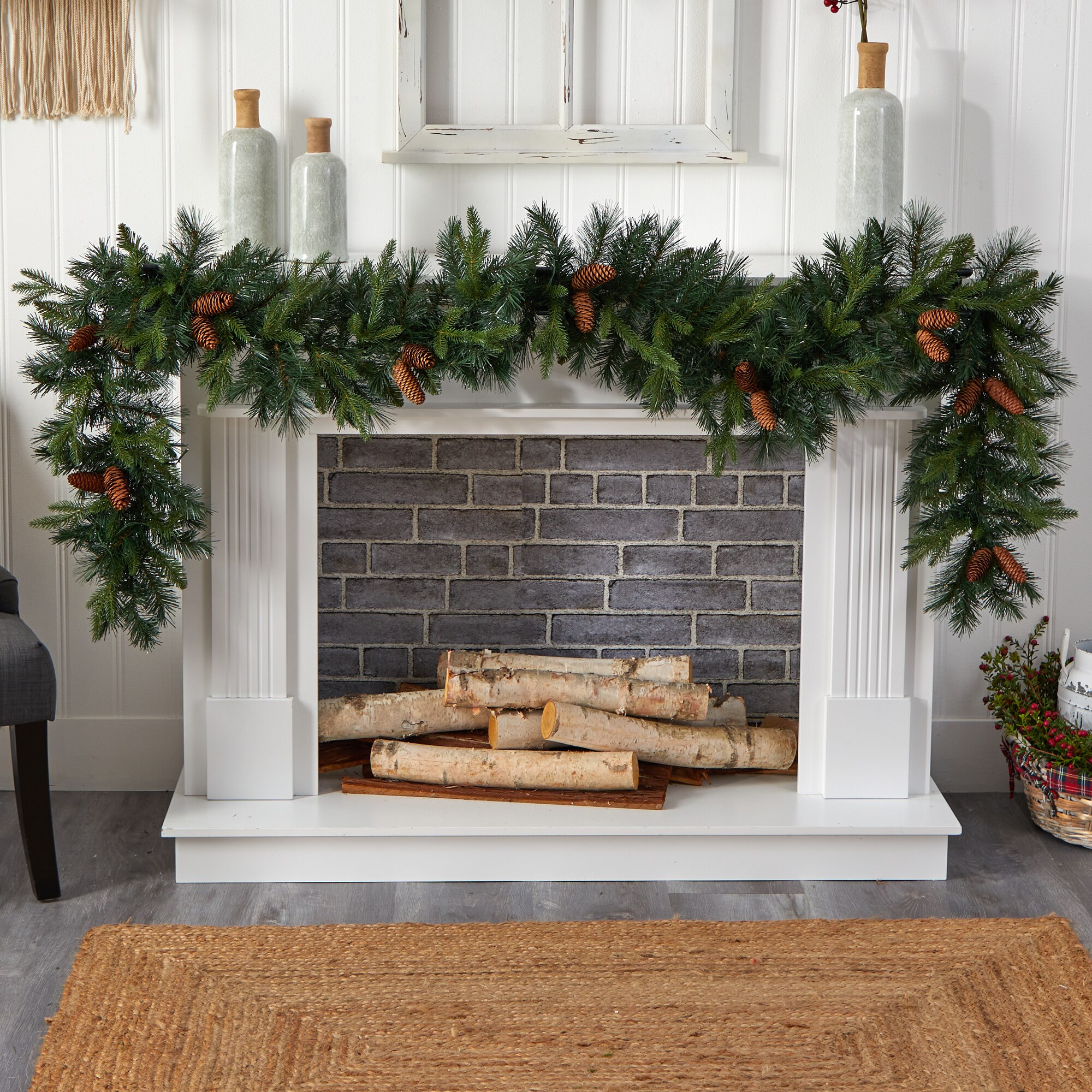 9 Ft Pines Pinecones Christmas Garland 70 LED Lights 286 Bendable Leaves - Image 4