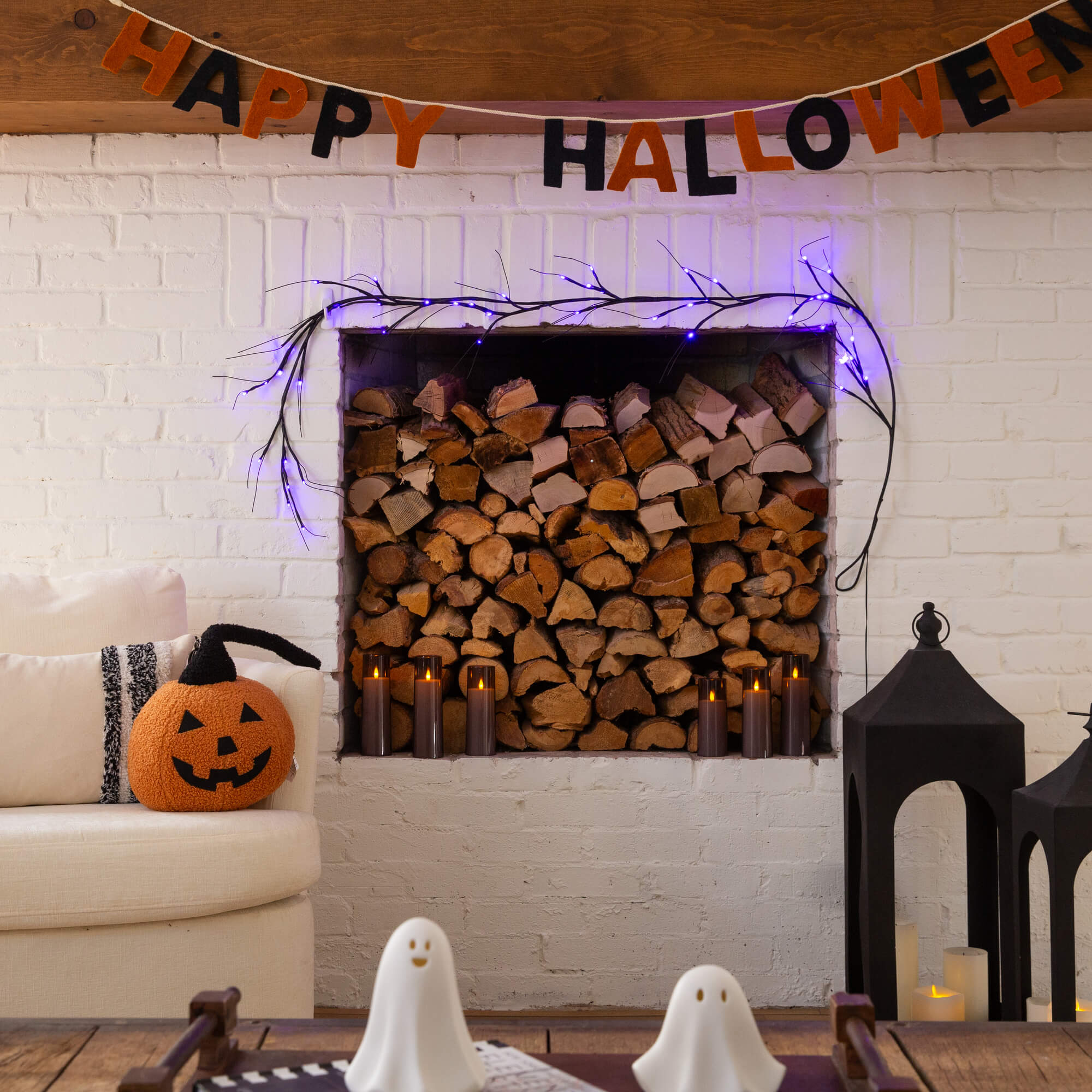 6.5 Ft Black Twig Garland Pre Lit Halloween Decor 48 Purple LED Lights Festive - Image 8