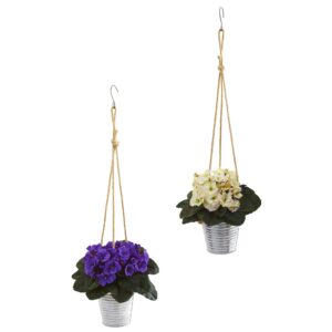 21" African Violet Artificial Hanging Plants Set of 2 with Buckets Green Violet