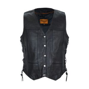 Women Cowhide Leather Motorcycle Vest 7 Pockets Concealed Carry Side Laces