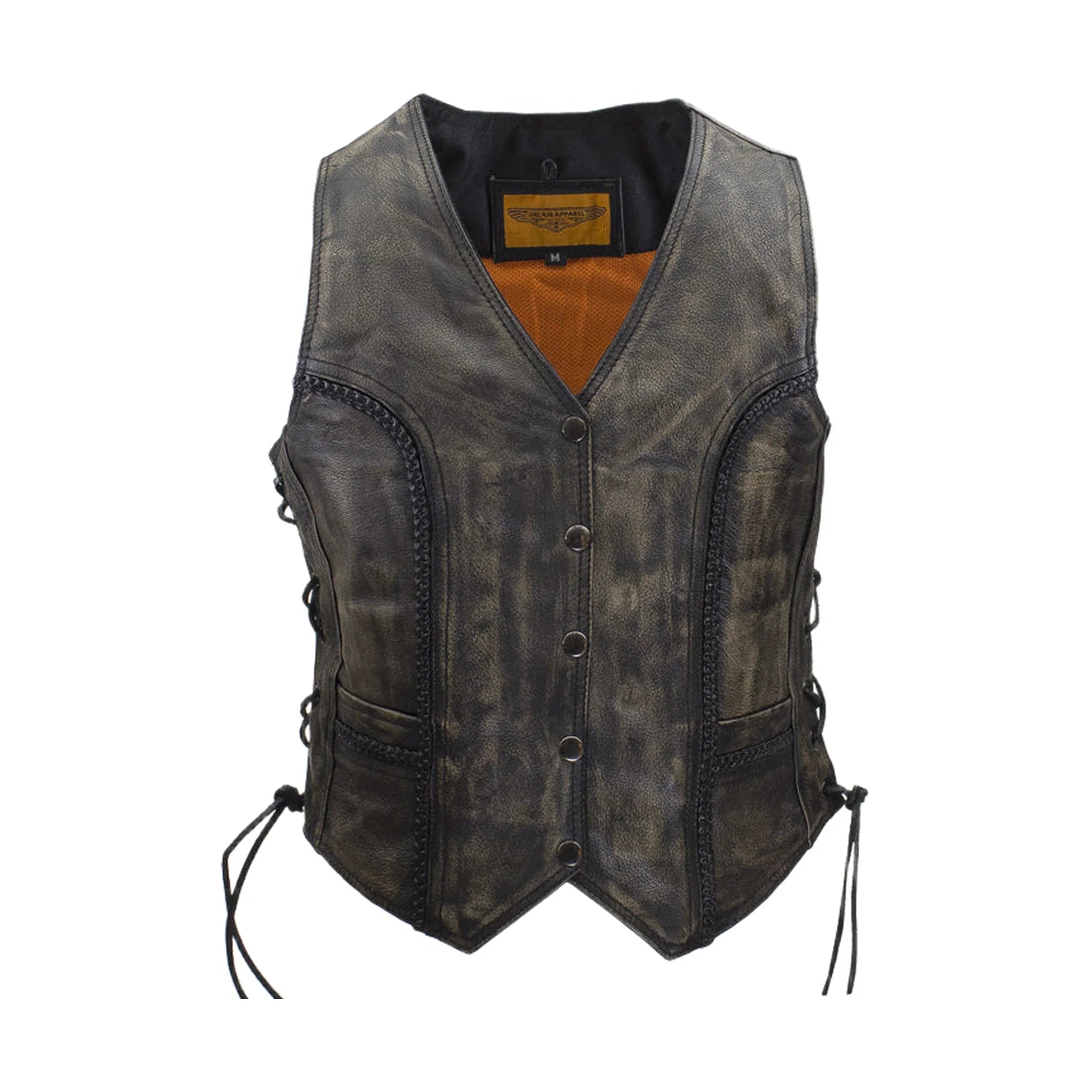 Dream Apparel Womens Longer Cut Distressed Brown Cowhide Leather Motorcycle Vest