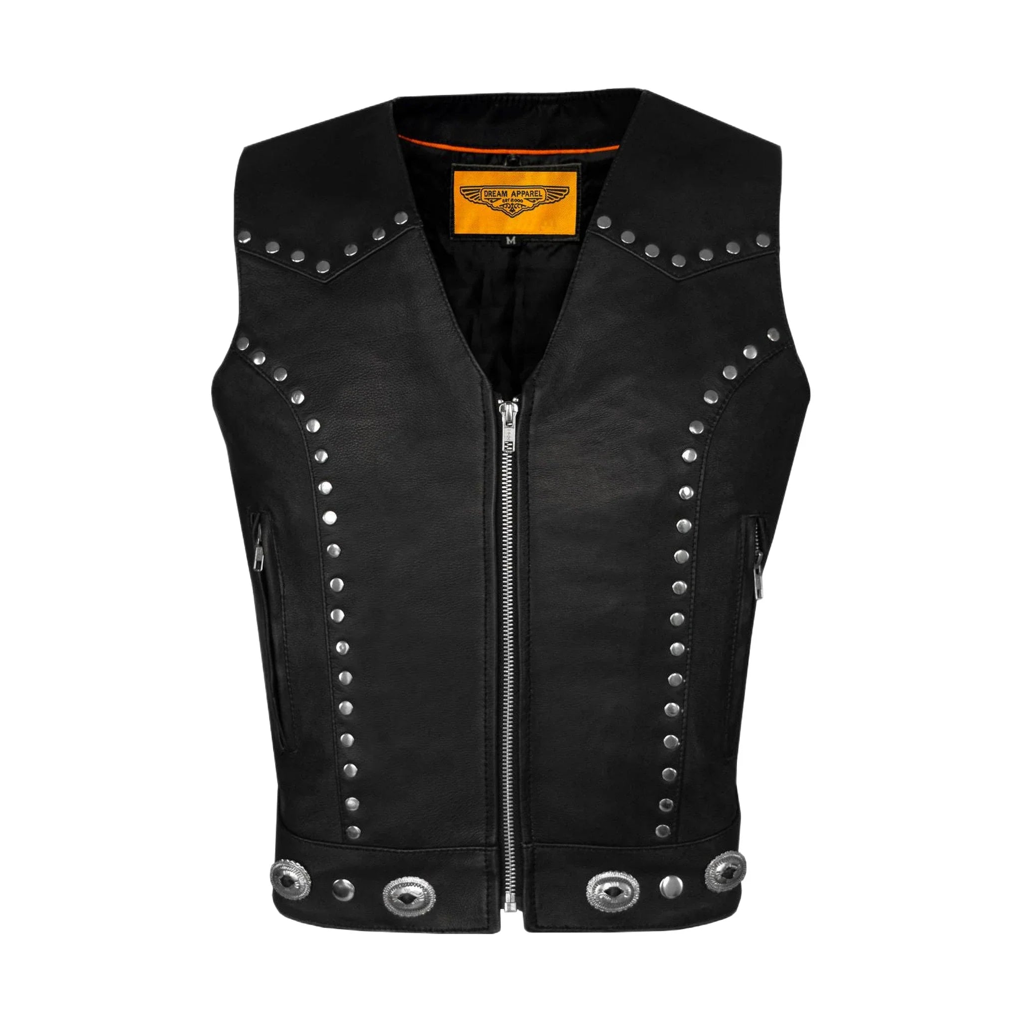 Womens Studded Decorative Conchos Leather Motorcycle Vest With Concealed Pockets
