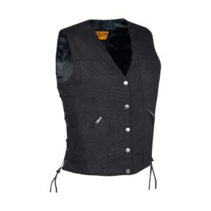 Ladies Black Denim, Side Laces 5 Snap Front Denim Vest