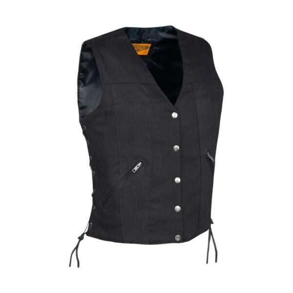 Ladies Black Denim, Side Laces 5 Snap Front Denim Vest