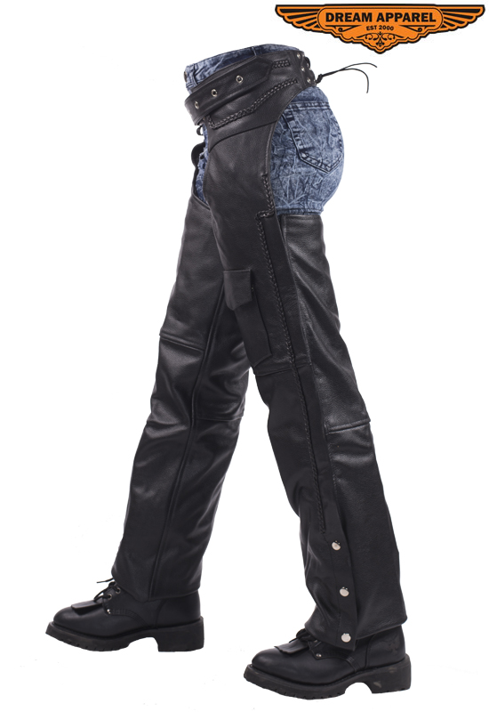 Leather Braided Motorcycle Chaps Black Cowhide Heavy Duty Quilted Lining