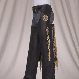 Leather Chaps with Bone Beads Mustard Fringe Zipper Side Heavy Duty