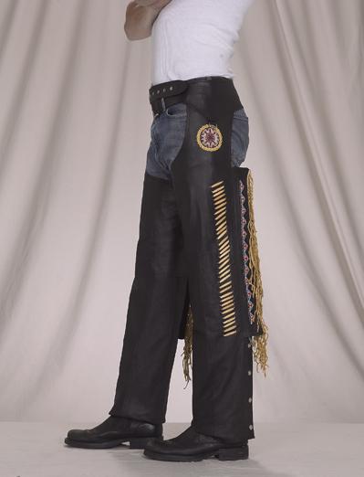 Leather Chaps with Bone Beads Mustard Fringe Zipper Side Heavy Duty