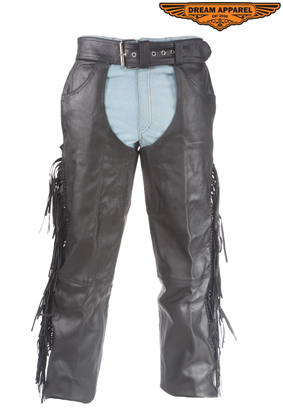 Leather Cowboy Chaps with Fringe and Braid Black Premium Cowhide