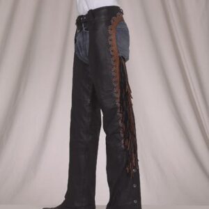 Leather Motorcycle Chaps Black Studded Brown Fringe Mesh Lining