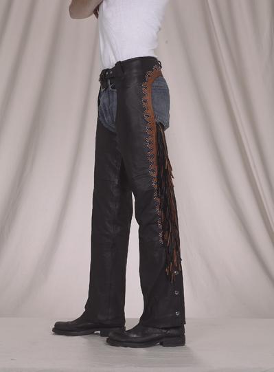 Leather Motorcycle Chaps Black Studded Brown Fringe Mesh Lining