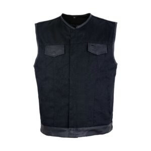 Mens Black Denim Biker Vest With Leather Trims & Front Zipper