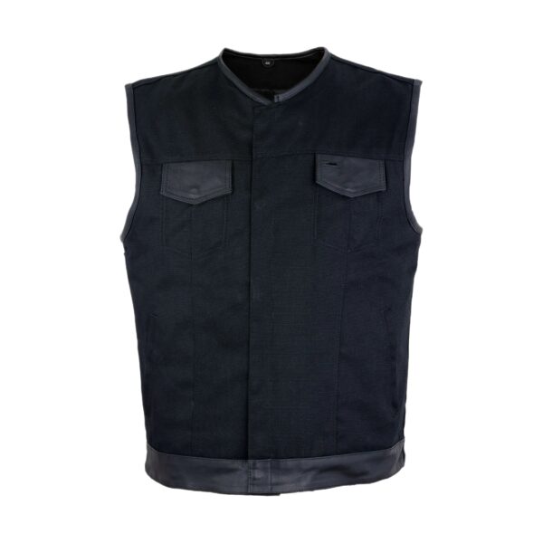 Mens Black Denim Biker Vest With Leather Trims & Front Zipper