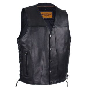 Mens Leather Vest Naked Cowhide Concealed Gun Pockets Side Laces Black