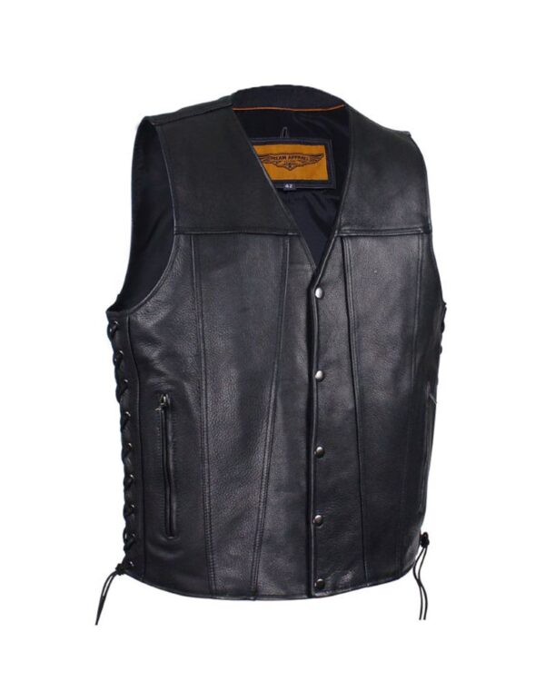 Mens Leather Vest Naked Cowhide Concealed Gun Pockets Side Laces Black