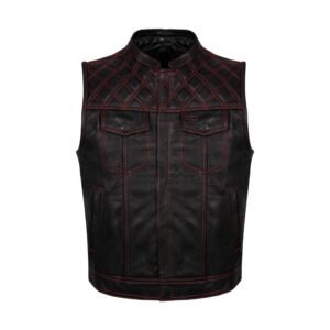 Mens Premium Naked Leather Motorcycle Club Vest Red Thread Diamond Padding