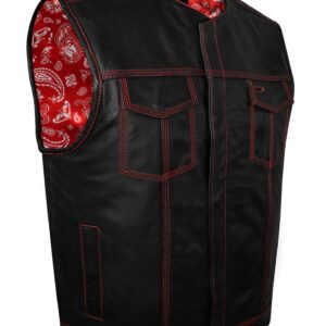 Mens SOA Leather Vest Red Thread Conceal Carry Pockets Red Paisley Lining