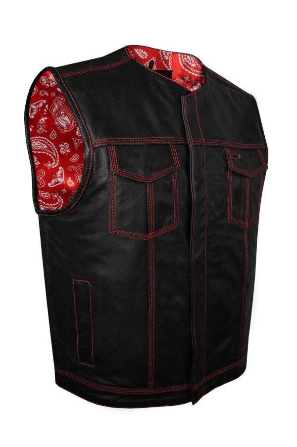 Mens SOA Leather Vest Red Thread Conceal Carry Pockets Red Paisley Lining