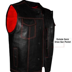 Mens SOA Motorcycle Vest Cowhide Leather Red Thread Concealed Gun Pockets Lined