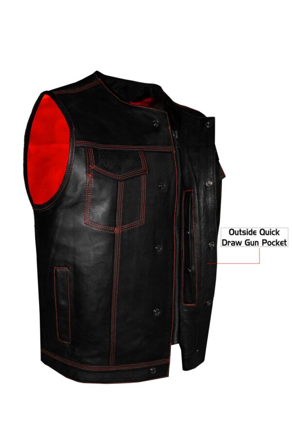 Mens SOA Motorcycle Vest Cowhide Leather Red Thread Concealed Gun Pockets Lined