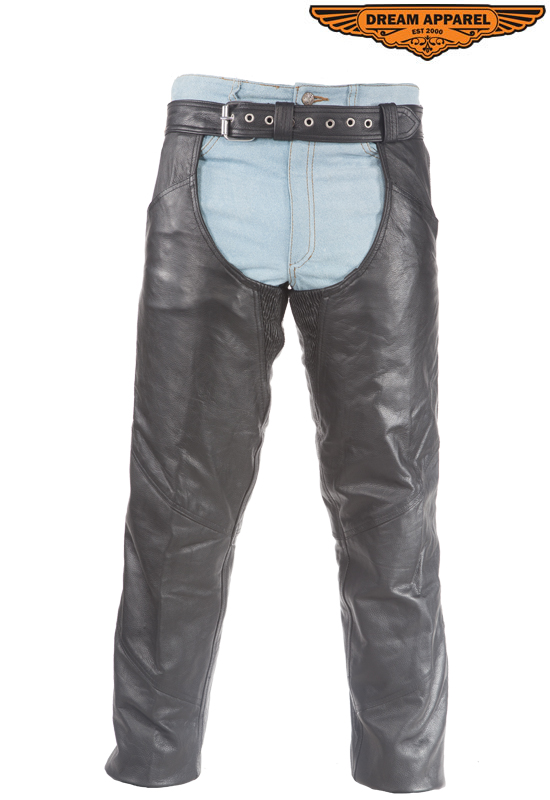 Cowhide Leather Motorcycle Chaps Black Zip Snap Closure Belt Lacing