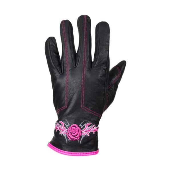Pink-Rose Graphic Embroidered Leather Gloves