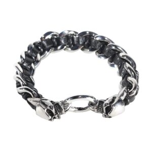 Stainless Steel Motorcycle Bracelet with Skulls & Leather Lace