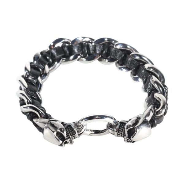 Stainless Steel Motorcycle Bracelet with Skulls & Leather Lace
