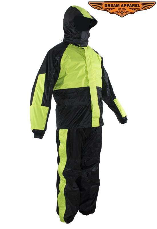Waterproof Two-Piece Rain Suit Dream Apparel Black Fluorescent Safety Gear