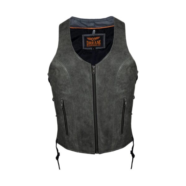 Women Grey Zipper Front Vest Side Laces, Conceal Carry Premium Cowhide Leather