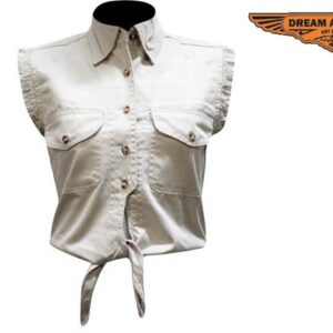 Sleeveless Natural Denim Shirt Button Front Women Casual Summer Top