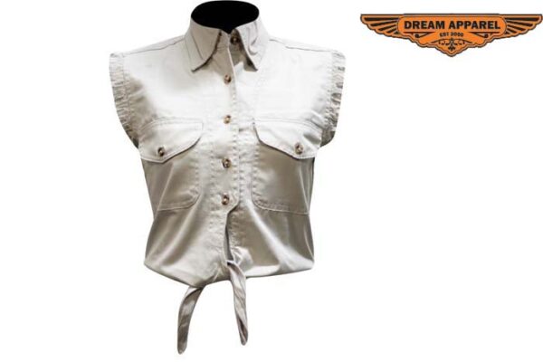 Sleeveless Natural Denim Shirt Button Front Women Casual Summer Top