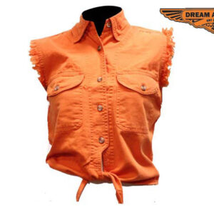 Sleeveless Denim Shirt Women Orange Button Front Casual Top