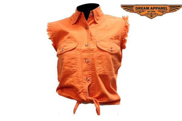 Sleeveless Denim Shirt Women Orange Button Front Casual Top