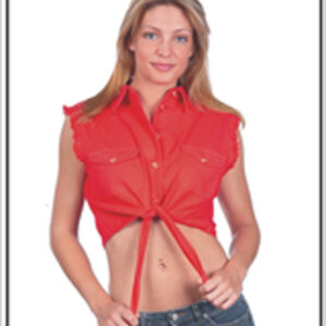Women Red Denim Sleeveless Button Front Shirt Summer Top