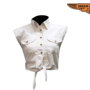 White Denim Sleeveless Shirt for Women Button Front Casual Top