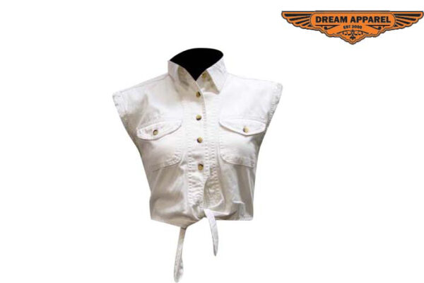 White Denim Sleeveless Shirt for Women Button Front Casual Top