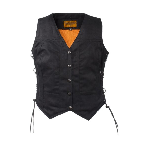 Womens Black Denim Motorcycle Vest With Side Laces