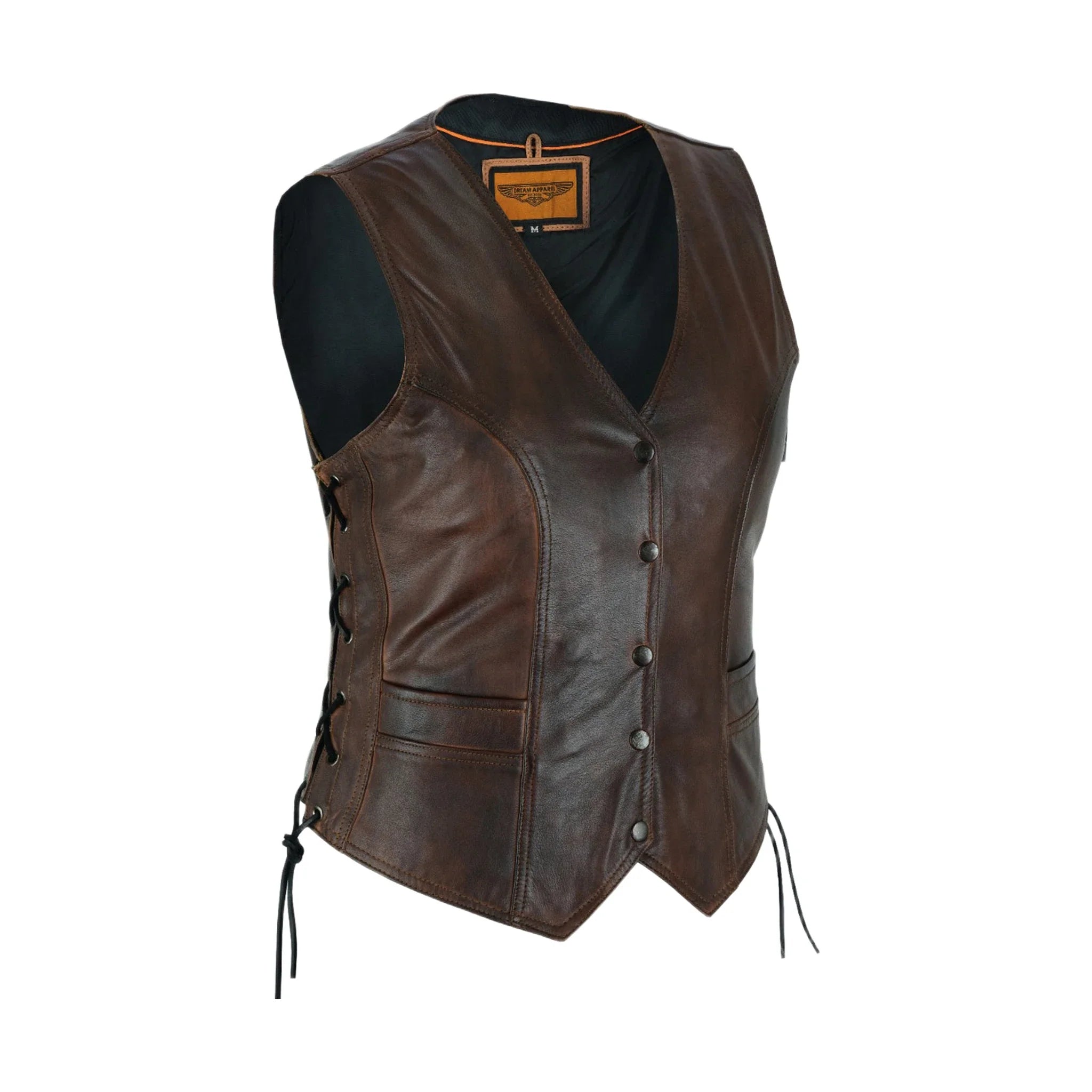 Womens Brown Cowhide Leather Motorcycle Vest Side Laces