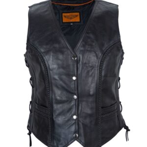 Womens Leather Motorcycle Vest Soft Touch Cowhide Braided Side Laces Concealed