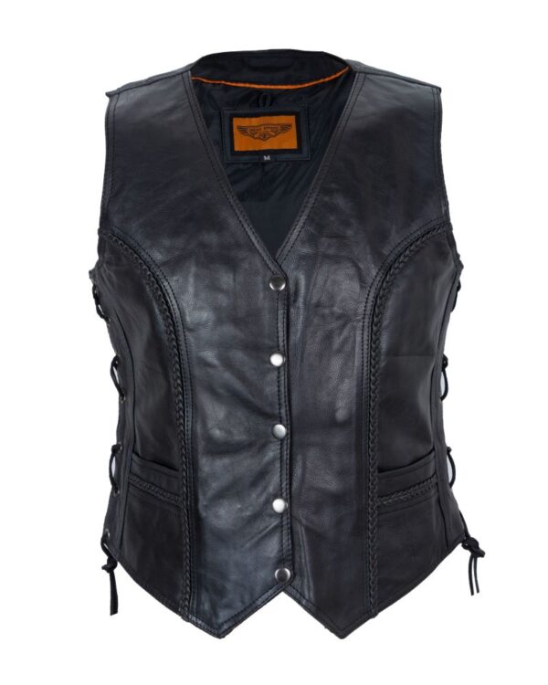 Womens Leather Motorcycle Vest Soft Touch Cowhide Braided Side Laces Concealed