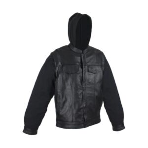 Black Leather Jacket Naked Cowhide Removable Canvas Sleeves Hoodie Concealed Gun