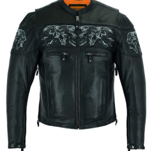Men's Leather Concealed Carry Racing Jacket with Reflective Skulls Heavy Duty