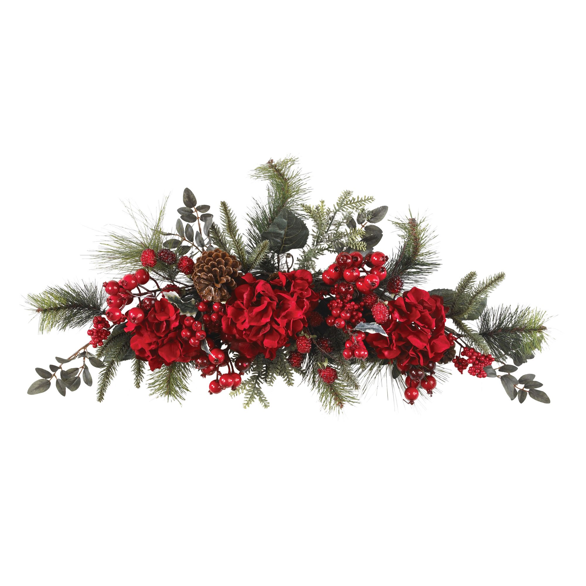 30 Inch Holiday Hydrangea Swag Crimson Red Evergreen Pinecones Festive Decor