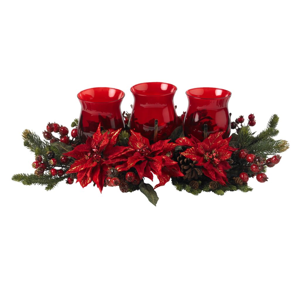 30 Inch Poinsettia Berry Triple Candelabrum Holiday Centerpiece Red Candle