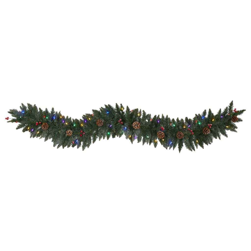 6 Ft Flocked Winter Garland 140 Tips 50 Multicolor LED Lights Berries Cones